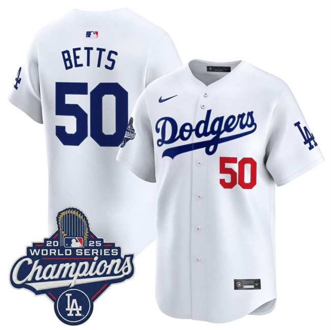 Men's White Los Angeles Dodgers #50 Mookie Betts 2025 World Series Champions Patch Home Limited Stitched Baseball Jersey